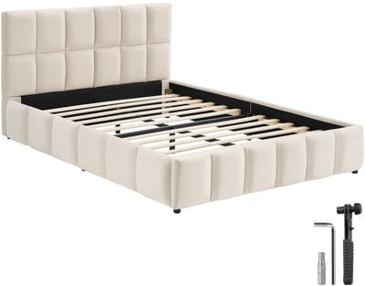 tectake® Gestoffeerd Bed met Geïntegreerde Lattenbodem - 180 x 200 cm - Draagkracht 250 kg - Fluwelen Bekleding met Stikpatroon - Stalen Frame - Met Hoofdbord - Twijfelaar - Zandkleur
