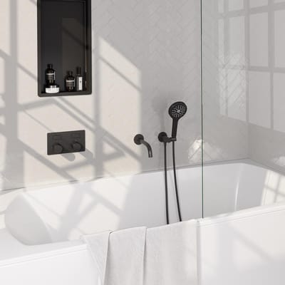 Brauer Black Carving thermostatische inbouw badkraan met drukknoppen SET 04 met uitloop en 3-standen handdouche en doucheslang en wandaansluitbocht mat zwart