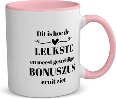 Akyol - dit is hoe de leukste en meest geweldige bonuszus eruit ziet koffiemok - theemok - roze - Zus - meest leukste bonuszus - verjaardag - cadeautje voor zus - zus artikelen - kado - geschenk - 350 ML inhoud