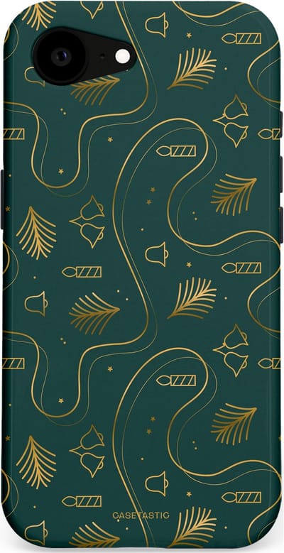 Casetastic hoesje geschikt voor Apple iPhone 16e / Apple iPhone 17e - MagSafe - Dubbellaagse bescherming - Groene kerst bellen en takken - Fashion Case - Donkergroen Donkergrijs Petrol