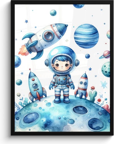 Poster in lijst - Fotolijst 60x80 cm - Posters - Ruimte - Blauw - Astronaut - Raket - Planeten - Posterlijst zwart - Kamer decoratie - Wanddecoratie kinderkamer - Muurdecoratie babykamer