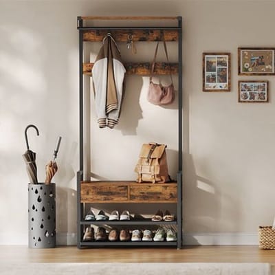 Brandistry - Kapstok met Schoenenbank - Kapstok staand - Schoenenrek - Industrieel - Hout - Zwart - 30 × 80,4 × 181,6 cm (D × B × H)