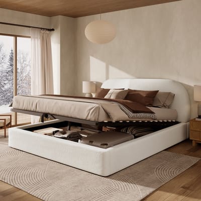 BLACKCOLORS Gestoffeerd bed, tweepersoonsbed, 160 x 200 cm, hydraulisch functioneel bed, bed met lattenbodem, hoofdeinde en grote opbergruimte, gestoffeerd hoofdeinde, beige bouclé