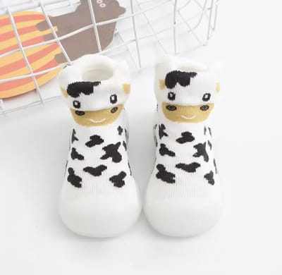 Anti-slip babyschoentjes - Soksloffen - Eerste loopschoentjes van Baby-Slofje - Wit Koe maat 18/19
