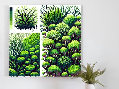Pixel art mos schilderij | Digitaal mozaïek van groen leven: Pixelige natuurpracht in kunstwerk | Kunst - 100x100 centimeter op Forex | Foto op Forex