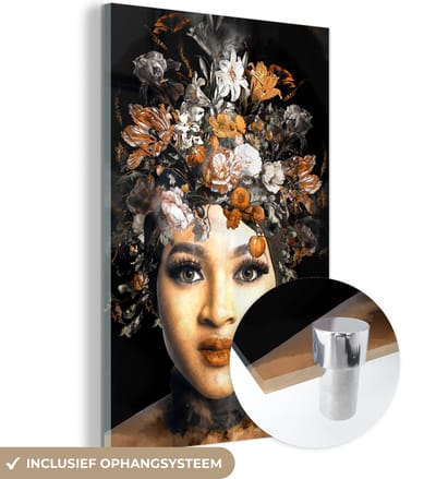 MuchoWow® Glasschilderij 40x60 cm - Schilderij acrylglas - Vrouw - Bloemen - Make up - Foto op glas - Schilderijen
