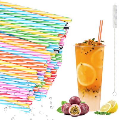 Rietjes van kunststof met 2 rietjesborstels, verdikte kunststof drinkrietjes, geschikt voor sappen, cocktails, smoothies en warme dranken, lengte 23 cm, diameter 7 mm