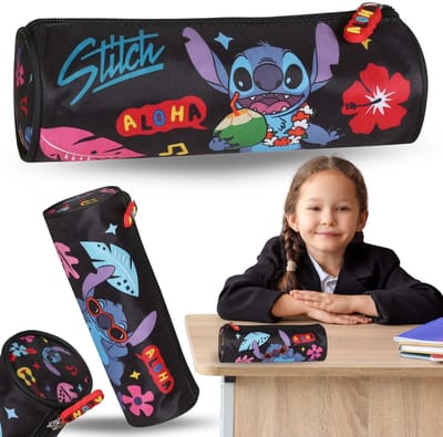 DISNEY Stitch ALOHA Zwarte pennenetui voor schoolmeisjes, TUBA, etui voor schoolbenodigdheden 22x8x8cm