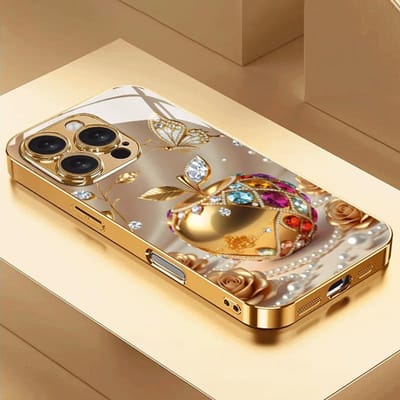 Luxe Gouden Met Apple Patroon Metallic Verf Glazen Telefoonhoesje Voor iPhone 17 16 15 14 13 12 11 Pro Max 16 Plus 17 Air 16E Cover iPhone 16 Pro