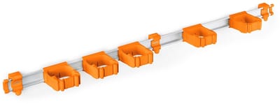Toolflex Bezemhouder en Tuingereedschap Ophangsysteem - Geschikt voor Ø15-35 mm Gereedschappen - Aluminium rail - 94cm - Incl. 5 gereedschapshouders en montagemateriaal - Oranje