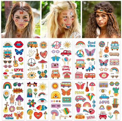 Dailygoods- Tatoeages Tijdelijk - 10 Vellen - Retro Hippie Tatoeages - Nep Tatoeages - Bloementatoeages - Vredesteken Ontwerpen - Neptatoeages