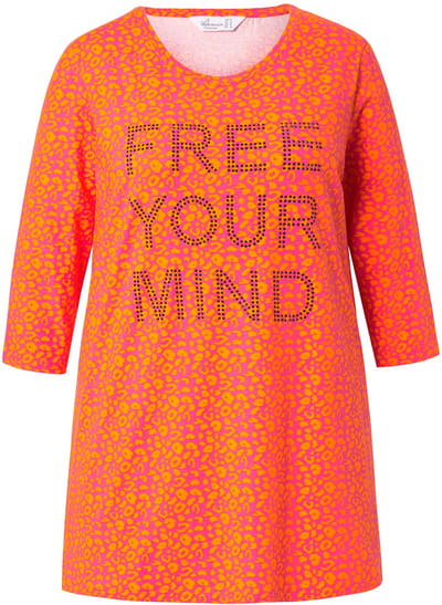 MIAMODA - Dames - Longshirt luipaardpatroon glitterstatement 3/4-mouw - Oranje - Maat 44