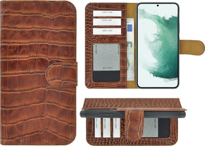 MoDo hoesje Geschikt voor Samsung Galaxy S22 Plus - Echt Leer Book Case - Croco Kaneelbruin