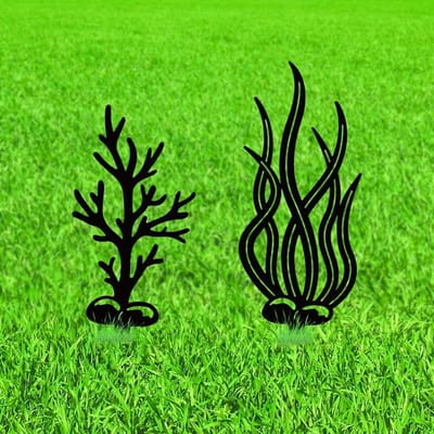 2 stuks decoratieve metalen tuinpalen met zeewier en koraal, botanische geschenken voor buiten, silhouetten van oceaanorganismen voor tuin en patio decoratie