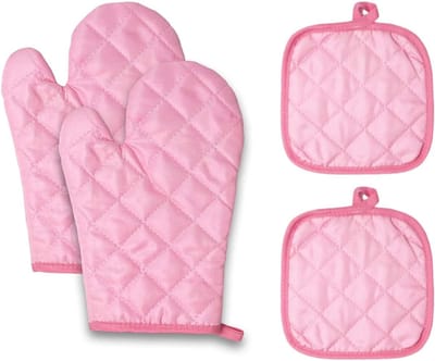 KZQ Roze Hittebestendige Ovenwanten en Pannenlappen Set 2 Handschoenen en 2 Onderzetters Met Sterke Grip voor Hete Pannen Geschikt voor Koken Bakken Barbecue en Keukengebruik