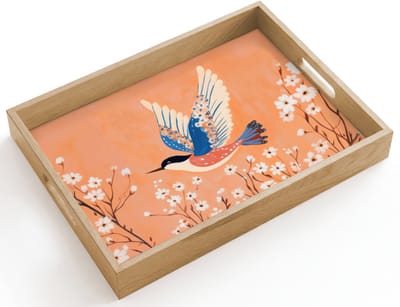 Dienblad hout 40x30 cm - Schootdienblad - Vogel - Bloesemtakken - Warm - Kleurrijk - Borrelplank rechthoek - Plateau dienbladen