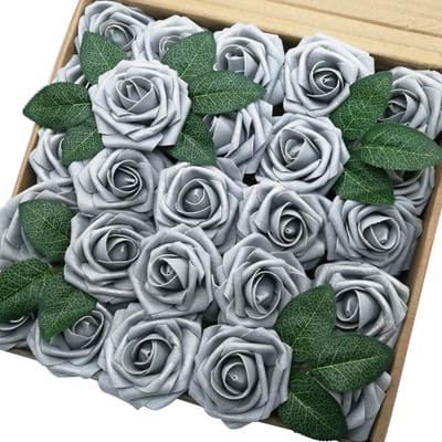 Huis Kunstbloem 25 STUKS Zilvergrijs Neprozen met Steel voor DIY Bruidsboeketten Feest Babyshower Huisdecoraties 25pcs