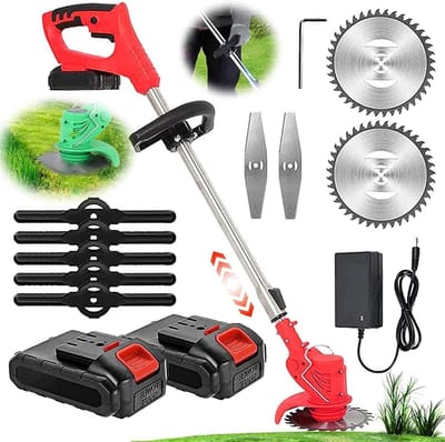 Draadloze grastrimmer - Elektrische trimmer - Gazononderhoud thuis - Inclusief reservemessen - 2 batterijen - Zwart