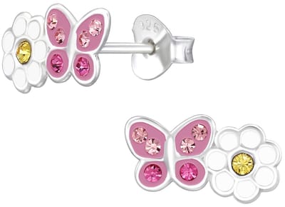 Joy|S - Zilveren vlinder met bloem oorbellen - 11.4 x 5.9 mm - roze vlindertje en witte bloem - kristal - sterling zilver 925