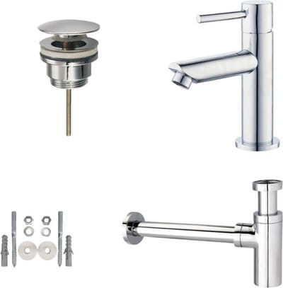 H&F Toiletkraan Set Chroom Rond – Wastafelkraan met Afvoerplug & Design Sifon – Modern Badkamer Kraanwerk