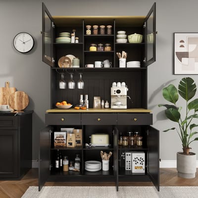 OKWISH Buffetkast - Met Glazen Deuren En Glazenhouder - Met Stopcontact En Usb A En Usb C - MDF Zwart - 120×40×191 Cm