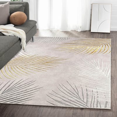 Flycarpets Evora Leaves Modern Vloerkleed Grijs / Goud – Laagpolig Tapijt Woonkamer – 240x340 cm
