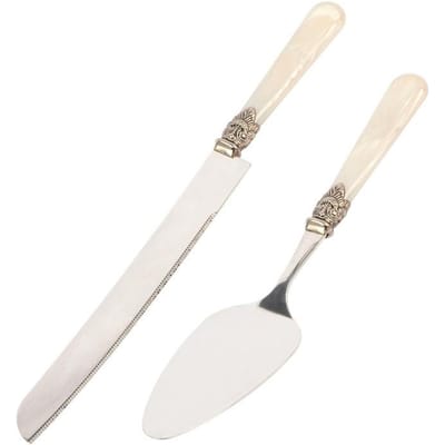 Ensemble de couteau à gâteau et de service pour événement de mariage 2 pièces Option Poignée en acrylique Pelle à dessert et à pizza Couverts pour fête d'anniversaire Cadeau de Noël Outil d'accessoires à gâteau white