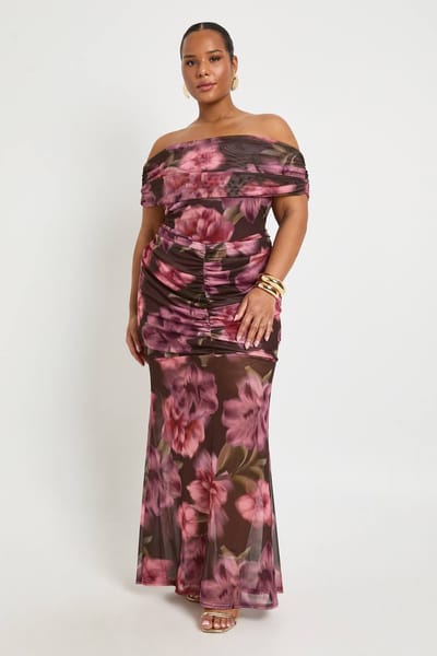 boohoo Dames Plus Bardot Gerimpeld Lijfje Midaxi Jurk | Maat: 52