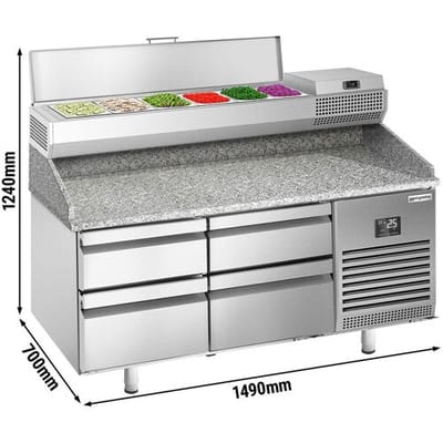 GGM Gastro Pizzakühltisch Premium PLUS - 1490x700mm - mit 4 Schubladen - inkl. Kühlaufsatzvitrine - 6x GN 1/4