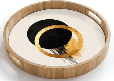 Dienblad rond 40x40 cm - Schootdienblad hout - Abstract ontwerp - Zwarte cirkel - Verfvlekken - Borrelplank rechthoek - Plateau houten dienbladen