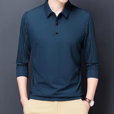 Herfst Nieuw Middenleeftijd Heren Lange Mouw Revers Dun T-shirt Casual Top Papa Kleding T-shirt Onderhemd Mannen XXL blue