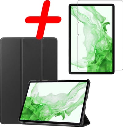 Hoesje Geschikt voor Samsung Galaxy Tab S8 - Met Screenprotector - Trifold Bookcase - Hard Cover - Hardcover Book Case - Tablet Hoes - Zwart