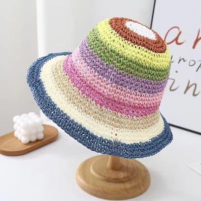 Chapeau d'été, Chapeau de soleil de plage, Chapeau de pêcheur tissé pour femme, Chapeau de paille arc-en-ciel fait main beige