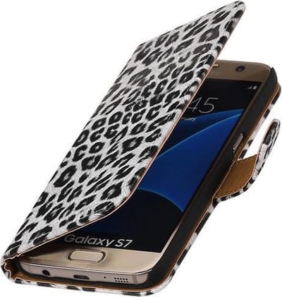 Wit Luipaard booktype wallet cover - telefoonhoesje - smartphone hoesje - beschermhoes - book case - hoesje voor LG Joy