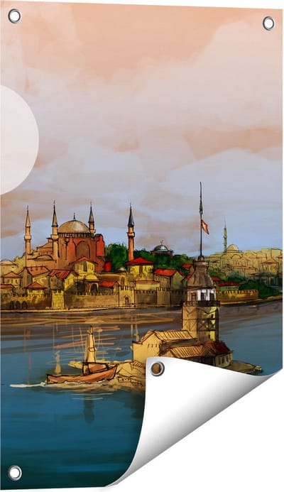 Gards Tuinposter Illustratie van de Maiden's Tower in Istanbul - 40x60 cm - Tuindoek - Tuindecoratie - Wanddecoratie buiten - Tuinschilderij