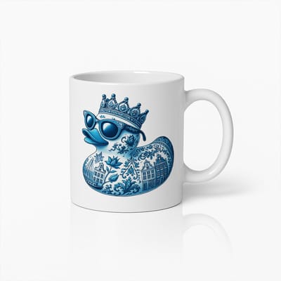 Nederlandse Rubber Eend Koffiemok – Delfts Blauwe Stijl Beker met Kroon en Zonnebril – Leuk Cadeau voor Thuis en Kantoor