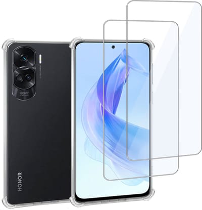Geschikt voor Honor 90 Lite - Hoesje + 2x Screenprotector – Gehard Glas Cover + Shock Proof Case – Transparant