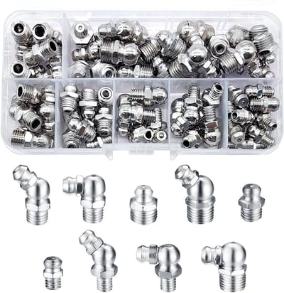 Assortiment van 65 vetnippels in verschillende maten M6 M8 M10, inclusief 45° 90° 180° hoeken met opbergdoos voor onderhoud en reparatie