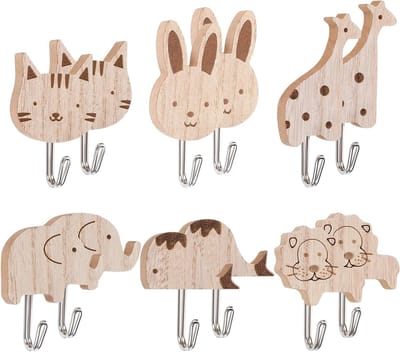 Schattige Dieren Kledinghaken - 12 Stuks Zelfklevende Houten Wandhaken voor Kinderen, Perfect voor Slaapkamer, Badkamer en Keuken