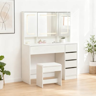 Wishdor - Schminktafel - Met spiegel en verborgen opbergruimte - Met opberglades en hoekplanken - wit