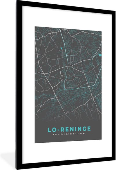 Fotolijst incl. Poster - België – Lo Reninge – Stadskaart – Kaart – Blauw – Plattegrond - 80x120 cm - Posterlijst