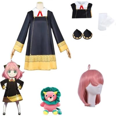 Anya Forger Cosplay Jurk Anime Spy X Family Forger Anya Cosplay Pruik Zwarte Jurk Sokken Pop Halloween Kostuums voor Meisjes Vrouwen 140