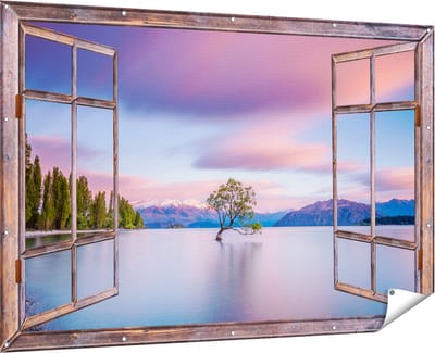 Gards Tuinposter Doorkijk Wanaka Boom in het Water bij Zonsopgang - 180x120 cm - Tuindoek - Tuindecoratie - Wanddecoratie buiten - Tuinschilderij