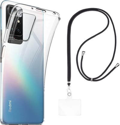 Set met hoesje en nekband voor xiaomi redmi 10 - Flexibele, transparante TPU-bescherming, verstelbare universele nekband voor mobiele telefoons, zwarte nekband, transparante draagriem van Phonillico®