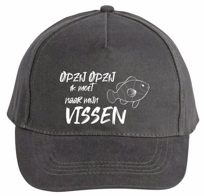 Mijncadeautje - 5 panel - Cap - Verstelbaar - Pet van 100% dik geborsteld katoen- unisex - opdruk wit - opzij opzij naar mijn vissen - chique grijs