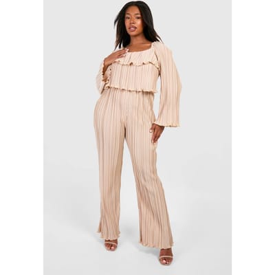 boohoo Dames Plus Plisse jumpsuit met frill-detail en wijde pijp | Champagne | Maat: 54
