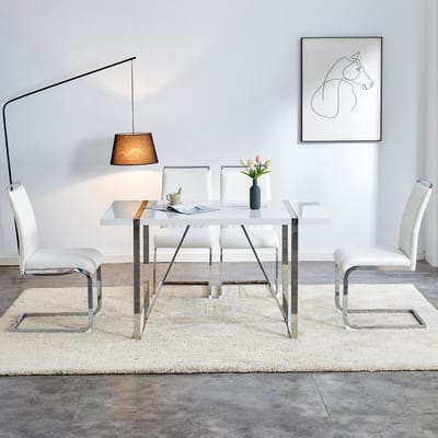 Eetkamerstoelen, set van 2, PU-leer en linnen rugleuning, hoge gestoffeerde stoel, horizontale strepen op de rugleuning, geschikt voor eetkamer, keuken, gastenkamer of kantoor, Wit