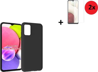 Hoesje Geschikt voor Samsung Galaxy A03s - Siliconen - A03s Screenprotector - Hoesje Zwart Case + 2x Tempered Glass