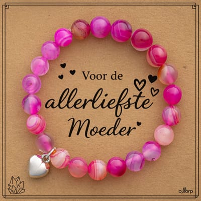 Bixorp Gekleurde Roze Agaat Armband op Cadeau Kaartje - Met Hartje Hanger - Voor de Allerliefste Moeder - 8mm / 18cm Natuursteen Kralenarmband - Inclusief Cadeau Envelop
