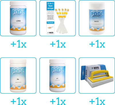 Zwembad Onderhoudspakket - Onderhoud Zwembad - bevat Chloor - Testrips - Chloor - PH-min - PH-plus en Scrubborstel (6-delig)